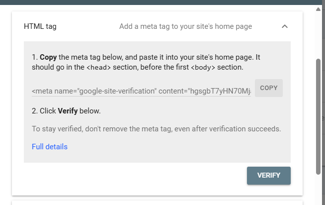HTML tag in Head section Method for verify Google Search console