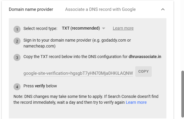 DNS Record Method for verify Google Search console