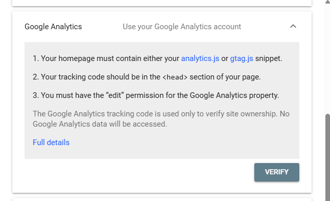 Google Analytics Method for verify Google Search console
